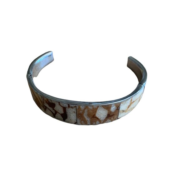 ✌️ 2/$40 ✌️ Vintage Inlaid Multi-Brown Tone on Silver Cuff Bracelet - Picture 1 of 3